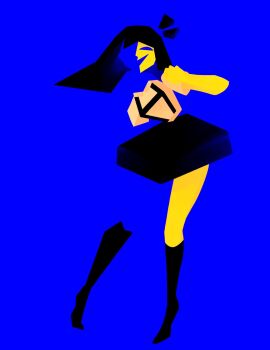 Rule 34 | 1girl, black hair, black skirt, blankpapper, blue skin, blunt bangs, blunt ends, colored skin, commentary, cubism, ena (ena), ena (series), ena (species), ena (web series), english commentary, happy ena, highres, long hair, low poly, multicolored skin, open mouth, shirt, short sleeves, simple background, skirt, smile, solo, split-color skin, suspenders, two-tone skin, yellow skin