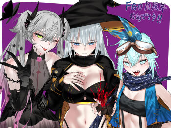 Rule 34 | 3girls, absurdres, aesc (exhibition attire) (fate), aesc (exhibition attire) (fate) (cosplay), aesc (fate), aesc (rain witch) (fate), bare shoulders, bikini, black bikini, black coat, black dress, black gloves, black hands, black hat, blue eyes, blue notuki, blue ribbon, blue scarf, blue vest, blush, body markings, braid, breasts, cleavage, coat, colored extremities, cosplay, cropped vest, crossed bangs, demon girl, demon horns, detached sleeves, dress, earrings, fate/grand order, fate (series), fingerless gloves, gloves, goggles, goggles on head, green eyes, green hair, grey hair, hair between eyes, hair ribbon, hat, highres, horns, jewelry, large breasts, lilith (celebratory attire) (fate), lilith (fate), long hair, long sleeves, looking at viewer, louhi (celebratory attire) (fate), louhi (fate), medium breasts, morgan le fay (fate), multiple girls, navel, one eye closed, open clothes, open mouth, pointy ears, ponytail, ribbon, scarf, see-through cleavage, see-through clothes, sharp teeth, short dress, short hair, sidelocks, small breasts, smile, swimsuit, teeth, tongue, tongue out, translation request, very long hair, vest, witch hat