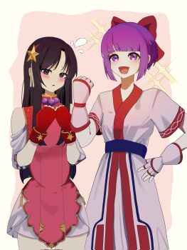 Rule 34 | 2girls, ainu clothes, alternate costume, asamiya athena, black hair, blush, breasts, chinese clothes, clenched hand, cosplay, costume switch, fingerless gloves, gloves, hair ribbon, hand on own hip, highres, legs, looking at viewer, multiple girls, nakoruru, open mouth, purple eyes, purple hair, ribbon, samurai spirits, short hair, shy, small breasts, smile, snk, the king of fighters, the king of fighters xv, thighs, tongue