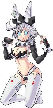 blue_eyes bob_cut boots breasts bullet cleavage cleft_of_venus clover codpiece collar detached_sleeves elphelt_valentine fingerless_gloves four-leaf_clover gloves guilty_gear hairband highres large_breasts midriff navel rabbit_ears short_hair spiked_collar spikes teevo thighhighs transparent_background white_hair