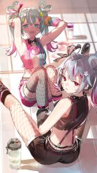 Rule 34 | 2girls, absurdres, arm warmers, arms behind head, arms up, bare shoulders, black choker, black footwear, black shirt, black shorts, blue eyes, blue hair, bottle, breasts, broken heart hair ornament, choker, clothing cutout, commentary, criss-cross suspenders, cropped shirt, day, deco miku, deco miku (darkness), ear piercing, exercising, fishnet pantyhose, fishnets, foot out of frame, full body, gradient hair, grey thighhighs, hair ornament, hatsune miku, heart, heart cutout, heart hair ornament, highres, indoors, leg grab, long hair, looking at viewer, looking back, midriff, multicolored hair, multicolored shirt, multiple girls, nik ibi, pantyhose, piercing, pink hair, pink shorts, red eyes, shadow, shirt, shorts, sidelighting, single thighhigh, sit-up, sleeveless, sleeveless shirt, spread legs, star (symbol), star hair ornament, streaked hair, sunlight, suspender shorts, suspenders, sweat, teeth, thighhighs, twintails, upper teeth only, vocaloid, water bottle