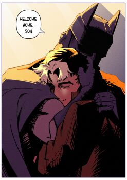 absurdres batman batman_(series) black_bodysuit black_gloves black_hair bodysuit brown_jacket bruce_wayne cowl dc_comics father_and_son gloves grey_bodysuit highres hug jacket jason_todd long_sleeves male_focus mask multicolored_bodysuit multiple_boys muscular muscular_male open_clothes red_hood_(dc) red_hood_and_the_outlaws sally_7399 short_hair superhero_costume taut_bodysuit two-tone_bodysuit