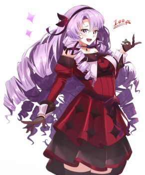 Rule 34 | 1girl, bare shoulders, breasts, brown gloves, claw ring, commentary request, cowboy shot, dress, drill hair, eiryu33, gloves, hairband, half gloves, highres, hyakumantenbara salome, hyakumantenbara salome (1st costume), juliet sleeves, large breasts, long hair, long sleeves, looking at viewer, nijisanji, off-shoulder dress, off shoulder, open mouth, puffy sleeves, purple hair, purple hairband, red dress, red sleeves, simple background, solo, very long hair, virtual youtuber, white background