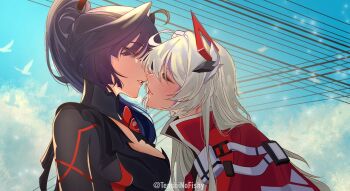 2girls blue_sky blush breasts closed_eyes closed_mouth commentary english_commentary highres honkai_(series) honkai_impact_3rd imminent_kiss jacket kiana_kaslana long_hair looking_at_another multiple_girls outdoors parted_lips power_lines purple_eyes purple_hair raiden_mei red_jacket sky tenshinofishy twitter_username white_hair yuri