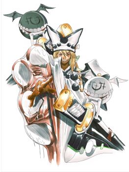 1girl blonde_hair coat cropped_torso dark-skinned_female dark_skin evil_grin evil_smile floating floating_object floating_sword floating_weapon grin guilty_gear guilty_gear_xrd hair_between_eyes hat highres huge_weapon living_clothes long_hair long_sleeves looking_at_viewer lucifero_(guilty_gear) multiple_swords outstretched_arm ramlethal_valentine reaching reaching_towards_viewer red_eyes sharp_teeth simple_background smile storyteller777 straight-on sword teeth weapon white_background white_coat white_hat