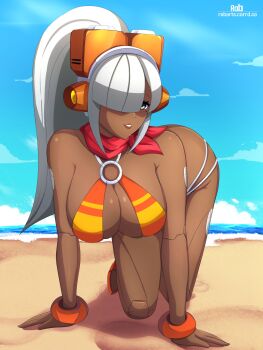 1girl absurdres alternate_color android arm_support artist_name bandana beach bikini blunt_bangs bracelet breasts clenched_teeth dark-skinned_female dark_skin green_eyes hair_over_eyes headset high_ponytail highres hime_cut jewelry joints large_breasts layer_(mega_man) long_hair looking_at_viewer mega_man_(series) mega_man_x_(series) mega_man_x_dive mole mole_under_eye navel o-ring o-ring_bikini ocean official_alternate_costume ponytail red_bandana rob_(robarts) robot_ears robot_girl robot_joints sky smile solo striped_bikini striped_clothes swimsuit swimsuit_layer_(mega_man) teeth white_hair
