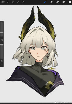 1girl arknights art_program_in_frame black_shirt chinese_commentary closed_mouth commentary_request cross_scar dress earrings grey_background grey_eyes grey_hair hair_intakes head_wings highres irene_(arknights) irene_(the_adjudicatrix_and_her_resolve)_(arknights) jewelry medium_hair pink_pupils portrait procreate_(medium) procreate_(software) purple_dress ruo_ye_sakukawa scar scar_across_eye scar_on_face shirt solo straight-on turtleneck turtleneck_shirt watermark weibo_watermark wings