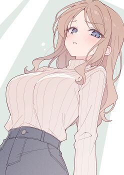 Rule 34 | 1girl, bang dream!, bang dream! it's mygo!!!!!, blue eyes, blush, breasts, brown hair, commentary, denim, e20, highres, large breasts, long hair, long sleeves, looking at viewer, nagasaki soyo, open mouth, parted bangs, ribbed sweater, sidelocks, solo, sweatdrop, sweater, turtleneck, turtleneck sweater, upper body, white sweater