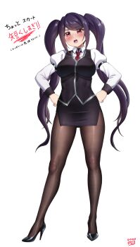 1girl absurdres black_pantyhose black_shoes blush breasts commentary_request finalcake full_body hands_on_own_hips high_heels highres jill_stingray large_breasts necktie pantyhose pencil_skirt puffy_sleeves purple_hair purple_skirt red_eyes red_necktie shirt shoes simple_background skirt solo translation_request twintails va-11_hall-a vest white_background white_shirt