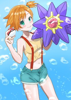 1girl absurdres air_bubble bare_arms blue_background blush breasts bubble cleavage closed_mouth collarbone crop_top denim denim_shorts eyelashes gen_1_pokemon green_eyes green_shorts hair_tie hands_up highres holding holding_poke_ball looking_at_viewer medium_breasts midriff misty_(pokemon) navel nintendo orange_hair poke_ball poke_ball_(basic) pokemon pokemon_(anime) pokemon_(classic_anime) pokemon_(creature) ponytail shirt short_hair short_shorts shorts side_ponytail sleeveless sleeveless_shirt smile solo starmie suspender_shorts suspenders tank_top water_drop yellow_shirt yellow_tank_top