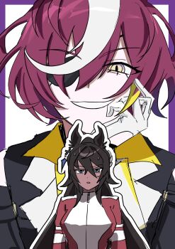 Rule 34 | 2girls, animal ears, astronghouse, black hair, black jacket, blue eyes, breasts, dark-skinned female, dark skin, doujinshi cover trope (trend), earrings, eyepatch, gloves, hair between eyes, hand on own face, highres, horse ears, horse girl, jacket, jewelry, lapels, long hair, multicolored hair, multiple girls, nervous sweating, one eye covered, outline, projected inset, red jacket, short hair, slit pupils, smile, streaked hair, sweat, symboli kris s (umamusume), tanino gimlet (embodiment of keravnos) (umamusume), tanino gimlet (umamusume), tracen training uniform, track jacket, umamusume, upper body, white gloves, white hair, white outline, white streaks, yellow eyes