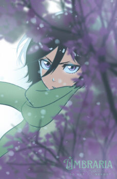 1girl absurdres artist_name black_hair bleach blurry blurry_foreground commentary english_commentary flower green_scarf hair_between_eyes highres kuchiki_rukia looking_at_viewer parted_lips purple_eyes scarf short_hair solo umbra_(edits_umbra)