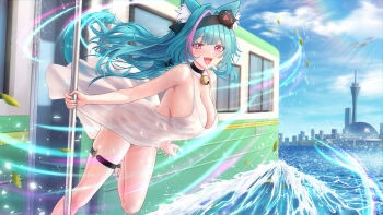 1girl absurdres animal_ear_fluff animal_ears bell black_choker blue_hair blue_nails blue_sky breasts building cat_ears cat_girl cat_hair_ornament cat_tail choker city cleavage cloud commentary day dress drone english_commentary falling_leaves fangs fintowing floating_hair hair_ornament headband highres holding jingle_bell large_breasts leaf lens_flare light_particles long_hair looking_at_viewer mint_(nte) multicolored_hair nail_polish neck_bell neverness_to_everness open_mouth outdoors pink_eyes pink_hair pink_streaks pole remote_control_vehicle revision see-through_clothes see-through_dress sideboob sky skyscraper sleeveless smile solo standing standing_on_one_leg streaked_hair sunlight tail tail_raised thigh_strap thighs train very_long_hair water waves white_dress wind