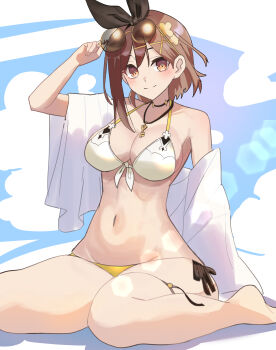 1girl absurdres amausa_subee atelier_(series) atelier_ryza bikini black_ribbon breasts brown_eyes brown_hair commentary_request eyewear_on_head hair_ribbon highres large_breasts reisalin_stout ribbon solo sunglasses swimsuit white_bikini yellow_bikini