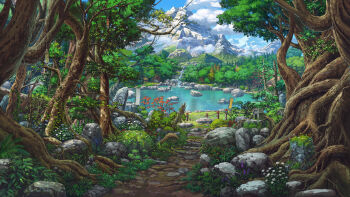 banner blue_sky boulder branch cloud commentary day dirt english_commentary field flower forest grass highres lake landscape leaf mountain mountainous_horizon nature no_humans original outdoors path plant plant_roots purple_flower red_flower road rock runes scenery sicuvn sky sunlight tree vines water white_flower