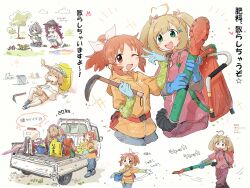 Rule 34 | 5girls, abe nana, absurdres, against object, ahoge, alternate costume, antenna hair, backpack, bag, baseball cap, bent over, black footwear, blonde hair, blue footwear, blue gloves, blue pants, boots, brown eyes, brown hair, bucket, bug, butterfly, closed eyes, cloud, collage, commentary request, day, drawing (action), flying sweatdrops, furrowed brow, futaba anzu, gloves, green eyes, grey hair, hair ribbon, hairband, hand up, hands on own stomach, hat, head down, highres, holding, holding pencil, holding sickle, holding sketchbook, hood, hood down, hooded jacket, hugging own legs, ichinose shiki, idolmaster, idolmaster cinderella girls, insect, jacket, kama (weapon), knee boots, layered sleeves, long hair, long sleeves, motion lines, motor vehicle, multiple girls, multiple views, narumiya yume, nendo23, on ground, on vehicle, orange hair, orange jacket, outdoors, pants, pencil, pickup truck, pink hairband, pink jacket, pink ribbon, ponytail, raised eyebrows, resting, ribbon, sato shin, seed, shirt, short hair, short over long sleeves, short sleeves, sickle, simple background, sitting, sketchbook, small sweatdrop, smile, squatting, standing, straw hat, t-shirt, throwing, translation request, tree, truck, twintails, v-shaped eyebrows, w, walking, white background, working, yokozuwari