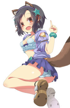 1girl :d animal_ear_hairband animal_ears aqua_scrunchie ass black_hair blue_bow blue_camisole blush bob_cut bow breasts brown_eyes brown_sandals camisole collarbone fake_animal_ears fake_tail fang from_side full_body hair_ornament hairband index_finger_raised miniskirt open_clothes open_mouth open_shirt panties pantyshot pointing pointing_up purple_hairband purple_shirt purple_skirt raccoon_ears raccoon_tail ryuki_(sangokushi_taisen) sandals sangokushi_taisen scrunchie shirt short_hair short_sleeves sidelocks simple_background skirt small_breasts smile solo striped_camisole striped_clothes striped_panties tail thighs underwear wazawogi_(wzog) white_background wrist_scrunchie