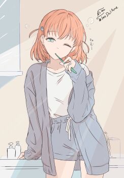1girl absurdres bathroom brushing_teeth commentary_request cup green_eyes hair_ornament highres hinoshita_kaho love_live! love_live!_hasu_no_sora_jogakuin_school_idol_club one_eye_closed orange_hair pajamas shirt shorts signature sleepy solo taedelame white_shirt