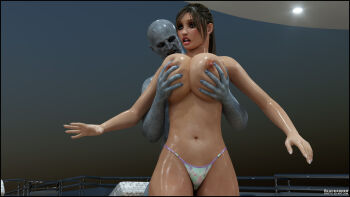 1girl 3d bikini boat breast_press breasts girl_on_top gisela grabbing_another&#039;s_breast groping highres huge_breasts large_breasts monster nipples on_boat pool swimsuit topless_female watercraft watermark web_address