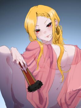 1girl blonde_hair breasts cleavage hand_fan large_breasts navel priscilla_barielle re:zero_kara_hajimeru_isekai_seikatsu re_yahikokko red_eyes see-through_clothes solo