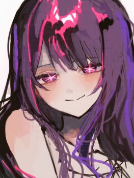 1girl blush closed_mouth commentary hoshino_ai idol long_hair looking_at_viewer nude oshi_no_ko purple_eyes purple_hair rei_0_000 sidelocks smile solo star-shaped_pupils star_(symbol) star_in_eye symbol-shaped_pupils symbol_in_eye