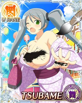 1girl :o bag blue_sky border breasts calligraphy_brush card_(medium) character_name cleavage convenient_censoring day floral_print floral_print_kimono game_cg green_eyes grey_hair holding holding_bag ink_on_breast japanese_clothes kimono large_breasts long_hair looking_at_viewer no_bra official_art one_eye_closed outdoors paintbrush print_kimono purple_kimono reaching reaching_towards_viewer senran_kagura senran_kagura_new_wave sky solo summer_festival swept_bangs tearing_up third-party_source tsubame_(senran_kagura) twintails very_long_hair