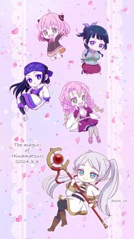 Rule 34 | 32ki 25, ahoge, ainu clothes, anya (spy x family), aqua eyes, asirpa, black dress, black hair, black pantyhose, blue headband, boots, breasts, brown boots, capelet, chibi, chinese clothes, cleavage, cleavage cutout, clothing cutout, commentary request, dated, demon slayer uniform, dress, earrings, eden academy school uniform, frieren, golden kamuy, green eyes, green hair, grey hair, hairpods, hands in opposite sleeves, headband, heart, heart background, highres, holding, holding staff, hoop earrings, jewelry, kanroji mitsuri, kimetsu no yaiba, kusuriya no hitorigoto, large breasts, maomao (kusuriya no hitorigoto), medium skirt, miniskirt, multicolored hair, pantyhose, pink hair, pleated skirt, pointy ears, school uniform, shirt, skirt, smile, sousou no frieren, spy x family, staff, striped clothes, striped shirt, teardrop earrings, thighhighs, twintails, twitter username, two-tone hair, white capelet, white skirt, white thighhighs