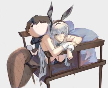 1girl absurdres alternate_costume animal_ear_hairband animal_ears black_leotard breasts character_doll cleavage commentary doll elbow_rest english_commentary fake_animal_ears feet_out_of_frame fishnet_leggings hair_over_shoulder hairband highres leaning leotard logicsterrr long_hair looking_to_the_side nephis_(shadow_slave) pillow playboy_bunny rabbit_ear_hairband rabbit_ears rabbit_tail shadow_slave solo_focus sunny_(shadow_slave) tail twisted_torso very_long_hair white_hair wrist_cuffs