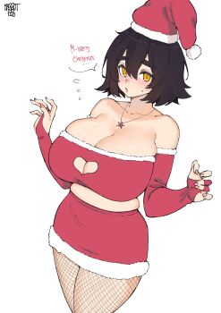 1girl absurdres arms_up artist_name astrid_(norman_maggot) blush breasts bridal_gauntlets bright_pupils brown_hair cleavage cleavage_cutout clothing_cutout collarbone elbow_gloves english_text eyelashes fishnet_pantyhose fishnets from_above fur-trimmed_gloves fur-trimmed_skirt fur-trimmed_tube_top fur_trim gloves hair_between_eyes hat heart_cutout highres huge_breasts jewelry looking_at_viewer medium_hair merry_christmas midriff miniskirt necklace no_bra norman_maggot orange_eyes original pantyhose santa_hat skindentation skirt slit_pupils speech_bubble standing star_(symbol) star_necklace strapless sweatdrop thick_eyebrows thighs tube_top veins veiny_breasts white_pupils