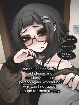 1girl 1other absurdres arched_bangs black-framed_eyewear black_choker black_eyes black_hair black_shirt blush brown_coat choker coat collarbone commentary crying crying_with_eyes_open english_commentary english_text glasses hair_ornament hairclip half-closed_eyes hand_up highres indoors light_switch long_sleeves looking_at_viewer medium_hair mikuneki original parallel_hairclips parted_lips pov raised_inner_eyebrows riyo_kaede_(mikuneki) sad semi-rimless_eyewear shirt single_bare_shoulder speech_bubble tearing_up tears under-rim_eyewear upper_body