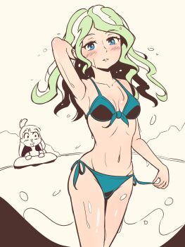 2girls absurdres arm_up armpits aroused_nosebleed bikini blonde_hair blood blue_bikini blue_eyes breasts day diana_cavendish green_hair highres kagari_atsuko little_witch_academia long_hair looking_at_another looking_at_viewer madabau medium_breasts multicolored_hair multiple_girls navel nosebleed outdoors parted_lips partially_colored side-tie_bikini_bottom sky solo_focus stomach swimsuit two-tone_hair water wavy_hair wet
