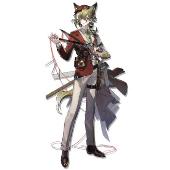 Rule 34 | 1boy, animal ears, arknights, belt, brown shoes, collared shirt, figurino (arknights), five-fall, full body, green hair, green necktie, grey pants, hair between eyes, hat, highres, holding, jacket, knife, long sleeves, looking at viewer, male focus, necktie, official art, pants, pointy ears, red hat, red jacket, scissors, shirt, shoes, simple background, smile, solo, standing, sword, tail, transparent background, weapon, white background, white pants, white shirt, wolf boy, wolf ears, wolf tail, yellow eyes