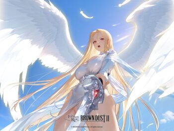 1girl angel angel_wings artist_request blonde_hair blue_sky breasts brown_dust_(series) brown_dust_2 cloud copyright_name copyright_notice covered_navel drawing_sword dress falling_feathers feathers from_below glowing glowing_wings hair_censor highres holding holding_sword holding_weapon large_breasts long_hair official_art olivier_(brown_dust) open_mouth red_eyes sky solo sword very_long_hair weapon white_dress wings