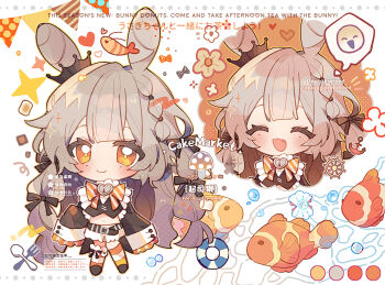 1girl :d ^_^ black_shirt black_shoes blunt_bangs blush bow bowtie chibi chibi_only chinese_commentary closed_eyes closed_mouth clownfish commentary_request commission double-parted_bangs fang fish full_body grey_hair long_hair long_sleeves midriff mirta mole mole_under_each_eye mole_under_eye multiple_moles multiple_views navel open_mouth orange_bow orange_bowtie orange_eyes orange_socks original shirt shoes shorts sleeves_past_fingers sleeves_past_wrists smile socks standing striped_bow striped_bowtie striped_clothes very_long_hair watermark white_background white_shorts