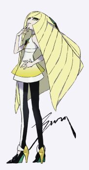 Rule 34 | 1girl, blonde hair, closed mouth, dress, full body, green eyes, hand on own hip, high heels, long hair, looking at viewer, lusamine (pokemon), nintendo, pokemon, pokemon sm, signature, sleeveless, sleeveless dress, solo, standing, u3su2, very long hair, white background, white dress
