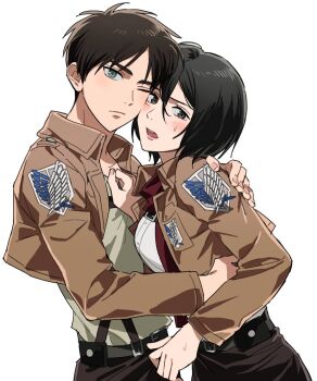 1boy 1girl black_eyes black_hair blush breasts emblem eren_yeager green_eyes highres hug jacket long_sleeves medium_breasts mikasa_ackerman open_mouth paradis_military_uniform red_scarf scarf shingeki_no_kyojin short_hair simple_background spongenamoo survey_corps_(emblem) teeth upper_teeth_only white_background
