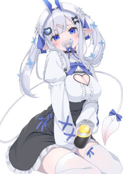 1girl absurdres adult_baby black_bow black_skirt blue_bow blue_eyes bow breasts can center_frills cleavage cleavage_cutout clothing_cutout collared_shirt commentary_request dress_shirt drinking_straw frills grey_hair hair_bow hair_ornament hashiko_nowoto head_tilt heart heart_cutout heart_hair_ornament high-waist_skirt highres holding holding_can horns jirai_kei long_hair long_sleeves looking_at_viewer original pacifier pointy_ears puffy_long_sleeves puffy_sleeves rapi_(hashiko_nowoto) shirt simple_background sitting skirt solo strong_zero tail thighhighs twintails wariza white_background white_shirt white_thighhighs