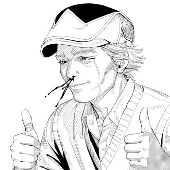 1boy blood commentary_request crying crying_with_eyes_open double_thumbs_up greyscale hat kingrun kitahara_jou male_focus monochrome nosebleed solo sweater_vest tears thumbs_up umamusume umamusume:_cinderella_gray upper_body