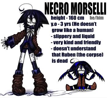 1boy :3 biob0t blue_hair blue_jacket bow bowtie character_name character_profile character_pronouns chibi chibi_inset commentary english_commentary english_text full_body height highres intestines jacket looking_at_viewer necro_morselli_(biob0t) no_humans on_floor original standing white_background white_bow white_bowtie