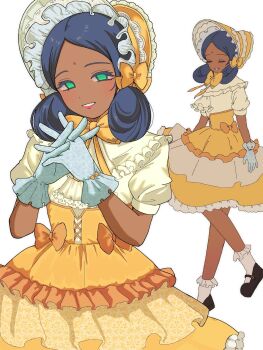 1girl alternate_costume ascot bindi black_hair black_shoes bonnet bow closed_eyes commentary_request dark-skinned_female dark_skin double_bun dress frilled_bonnet frilled_dress frilled_shirt_collar frilled_socks frills gloves green_eyes gundam hair_bun head_tilt highres interlocked_fingers lace lace-trimmed_ascot lace_gloves lalah_sune lolita_fashion looking_at_viewer makuramoto_(5ma6gicha) mary_janes mobile_suit_gundam no_pupils pink_lips projected_inset puffy_short_sleeves puffy_sleeves shoes short_hair short_sleeves simple_background smile socks solo white_ascot white_background white_gloves white_socks yellow_bonnet yellow_bow yellow_dress