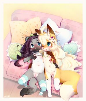2girls aas absurdres ahoge animal_ear_fluff animal_ears animal_nose arm_around_shoulder arm_around_waist bell black_hair blonde_hair blue_eyes blush borrowed_character breasts couch face-to-face fang fox_ears fox_girl fox_tail furry furry_female gluteal_fold groin hand_on_own_chest highres huge_filesize jingle_bell leopard_ears leopard_girl leopard_tail loli long_hair lying miu_(aas) multiple_girls navel nipples nude on_back one_eye_closed open_mouth original pillow pussy ribbon small_breasts smile spread_legs stomach tail thighs uncensored yuri