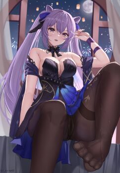 1girl absurdres aerial_fireworks bare_shoulders black_dress black_panties black_pantyhose blue_ribbon breasts cameltoe cleavage crotch_seam cup curtains detached_sleeves dress drinking_glass feet fireworks foot_focus foot_out_of_frame foot_up foreshortening genshin_impact hair_ribbon highres holding holding_cup i_ruru indoors keqing_(genshin_impact) keqing_(opulent_splendor)_(genshin_impact) lantern legs light_blush long_hair looking_at_viewer medium_breasts moon night no_shoes official_alternate_costume open_mouth panties panties_under_pantyhose pantyhose paper_lantern pouring pouring_onto_self purple_eyes purple_hair purple_ribbon ribbon see-through_clothes see-through_legwear sidelocks sitting sky sky_lantern sleeveless sleeveless_dress solo strapless strapless_dress teeth thighband_pantyhose thighs toes tongue transparent twintails twitter_username two-tone_dress underwear upper_teeth_only very_long_hair wet wet_clothes window wrist_ribbon