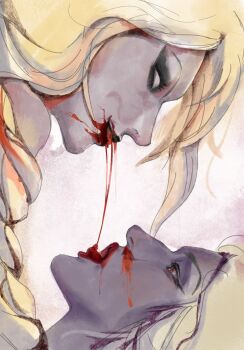 Rule 34 | 2girls, after kiss, anyawithjade, baldur's gate, baldur's gate 3, black eyeshadow, black lips, blank eyes, blonde hair, blood, blood from mouth, blood on face, blood trail, braid, close-up, colored skin, eyeshadow, face-to-face, facing another, from side, highres, long hair, looking at another, low-braided long hair, low-tied long hair, makeup, minthara, multiple girls, open mouth, orin the red, profile, purple skin, red eyes, red lips, sideways, simple background, single braid, smile, tongue, white background, yuri