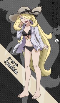 1girl absurdres arm_at_side barefoot bikini black_background black_bikini blonde_hair breasts character_name cleavage cynthia_(pokemon) eyelashes fankifalu feet female_focus front-tie_bikini_top front-tie_top full_body grey_eyes hair_bobbles hair_ornament hair_over_one_eye hand_up happy hat hat_ribbon highres jacket jacket_over_swimsuit japanese_text knees legs long_hair long_sleeves looking_at_viewer medium_breasts midriff navel neck nintendo open_clothes open_jacket open_mouth pokemon pokemon_champion pokemon_dppt ribbon side-tie_bikini_bottom sidelocks smile standing straw_hat sun_hat swimsuit thighs toes very_long_hair wavy_hair