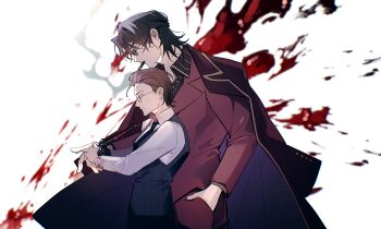 2boys absurdres beard_stubble black_hair black_shirt black_vest blood blood_splatter bloodshot_eyes brown_hair cigar colored_skin cowboy_shot curtained_hair dagger expressionless facial_hair glasses gold_trim gregor_(project_moon) hair_slicked_back hand_in_pocket head_tilt height_difference highres holding holding_dagger holding_knife holding_weapon jacket jacket_on_shoulders knife limbus_company male_focus meursault_(project_moon) mullet multiple_boys night_awls_(identity)_(project_moon) official_alternate_costume project_moon red_jacket red_vest scar scar_on_face shirt stubble sunglasses sweatdrop thumb_(identity)_(project_moon) vest weapon weapon_to_neck white_shirt yasuihiruya