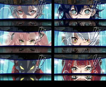 ! !! 2boys 4girls anby_demara artist_name belle_(zenless_zone_zero) bilingual_commentary billy_kid blue_eyes blue_hair bright_pupils commentary crossed_bangs double-parted_bangs english_commentary game_screenshot_background green_eyes grey_hair hair_between_eyes highres kurimako looking_at_viewer mixed-language_commentary multiple_boys multiple_girls nicole_demara orange_eyes parted_bangs persona persona_3 persona_3_reload persona_eyes pink_hair red_hair reflection screenshot_background short_hair ukinami_yuzuha white_pupils wise_(zenless_zone_zero) yellow_eyes zenless_zone_zero