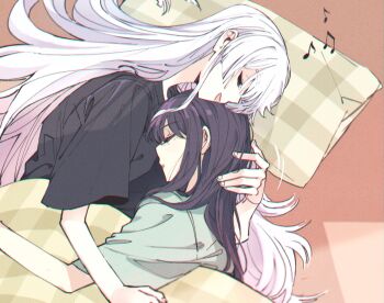 2girls absurdres black_hair black_shirt cho_kaguya-hime! closed_eyes commentary_request green_shirt hair_down highres hug kimboogakk77 long_hair lying multiple_girls music open_mouth pillow runami_yachiyo sakayori_iroha shirt short_sleeves sidelocks singing white_hair yuri