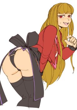 1girl 3amsoda ass blush brown_hair fang highres long_hair mammon_(umineko) necktie open_mouth pink_necktie red_eyes showgirl_skirt skirt smile solo sweatdrop thighhighs umineko_no_naku_koro_ni