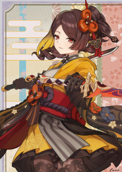 1girl absurdres black_gloves blonde_hair brown_hair chiori_(genshin_impact) cowboy_shot dual_wielding genshin_impact gloves hair_ornament highres holding holding_sword holding_weapon japanese_clothes kimono looking_at_viewer medium_hair multicolored_hair obi pantyhose red_eyes ruogong_qingyue sash short_kimono side_ponytail smile solo streaked_hair sword weapon yellow_kimono