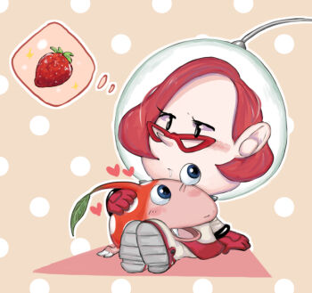 1girl black_eyes blue_eyes blush_stickers brittany_(pikmin) bulbmin commentary_request creature_on_lap drooling fang food fruit full_body glasses gloves heart helmet miniskirt nintendo orange_background outline parted_lips petting pikmin_(series) pink_gloves pink_hair pink_skirt pointy_nose polka_dot polka_dot_background radio_antenna red-framed_eyewear shadow short_hair simple_background sitting skirt solid_eyes space_helmet spacesuit speech_bubble spoken_food strawberry thinking thought_bubble triangular_eyewear usuba_(hatomugip) white_outline